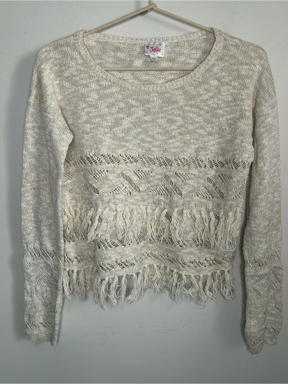 2/$25 ⬇️ Listing Justice Girl’s Open Work Cream Metallic Fringe Trimmed Sweater